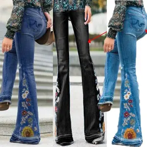 Women’s wide-leg embroidered flared jeans, stretch denim tights with a high waist—women’s bottoms made from smooth, soft cotton with a vintage feel