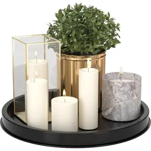 Decorative Tray for Coffee Table, 12 Inch Lightweight Metal Round Serving Trays for Kitchen Counter Organizer Dining Table Centerpiece for Display Candle Vase, Black Round Tray for Bathroom Decor