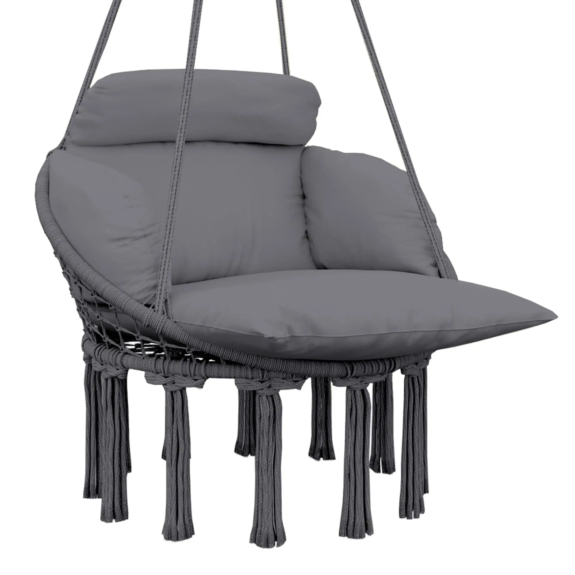 Outsunny Cream White Cotton Rope Macrame Hammock Swing Chair - Patio Outdoor Furniture with Large Cushion, Chain, 265 LBS Weight Capacity for Indoor, Balcony Use