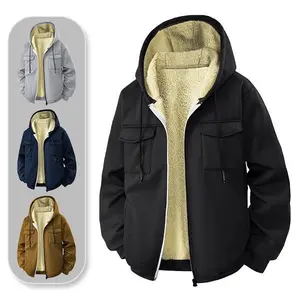 Multi-pocket workwear fleece-lined hooded jacket, featuring a comfortable and casual hooded design with a stylish interior, suitable for winter outings, workwear fashion, and trendy social media looks.