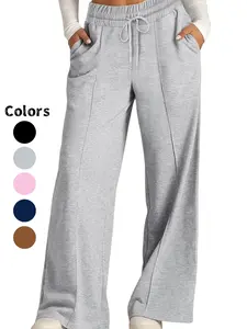Women's Basic Solid Color Adjustable Drawstring High-Waist Wide Leg Pants, Loose-Fitting Casual Trousers with Pockets for All Seasons, Comfortable Daily Wear, Pocketed Pants
