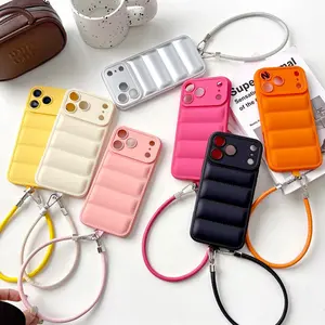Case With Straps Soft Puffer Down Jacket Case For iPhone 14 13 12 11 Pro Max 14 Plus Solid Color Shockproof Protective Cover