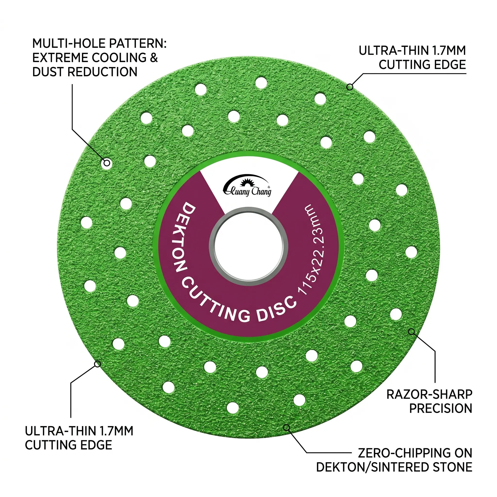 HUANG CHANG 4.5 Inch Diamond Cutting Disc for Tile and Porcelain (115mm), Smooth Chamfer Disc with Cooling Holes for Dekton Marble, 7/8" Arbor