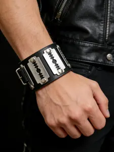 Dark Punk Shaving Blade Leather Bracelet, Leather Silver Color Blades, Unique Street Style Accessory, Cool Design Tool