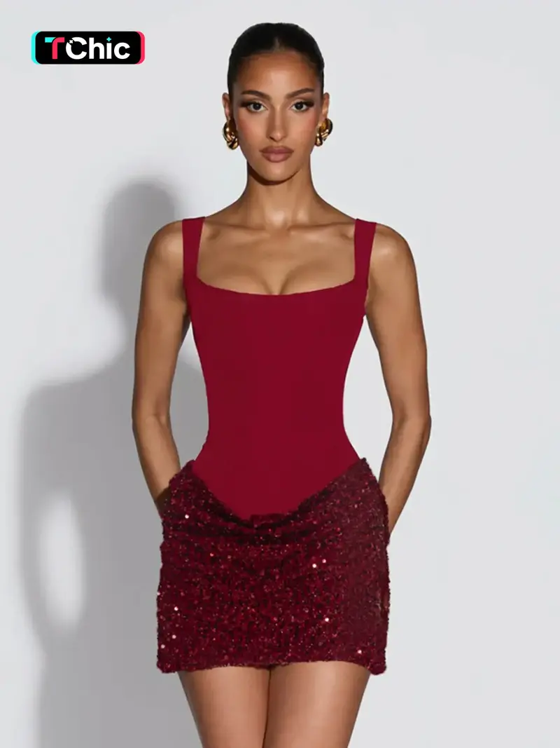 Women's Fashion Solid Color Spaghetti Strap Sleeveless Patchwork Sequin Dress, Elegant Party Wear, All Seasons, Perfect for Daily