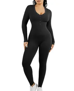 FeelinGirl Women's Long Sleeve V-neck Bodycon Jumpsuit One-piece Seamless Ribbed Romper  Long Skinny Pants Bodysuit Lady dealsforyoudays