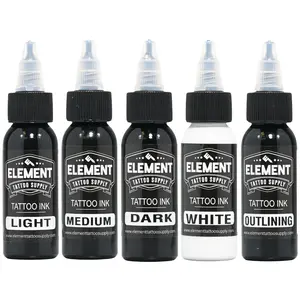 Element Tattoo Greywash Set for Professional Tattooing – Light, Medium, Dark Shades, Includes Black & White Inks, 1 oz Bottles, 5 Pack