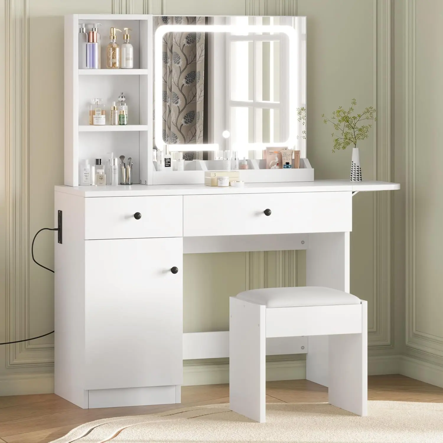 Makeup Vanity Desk with Mirror and Lights - Vanity Table Set with Drawer/Power Outlet/Storage Chair/3 Shelves for Bedroom - White