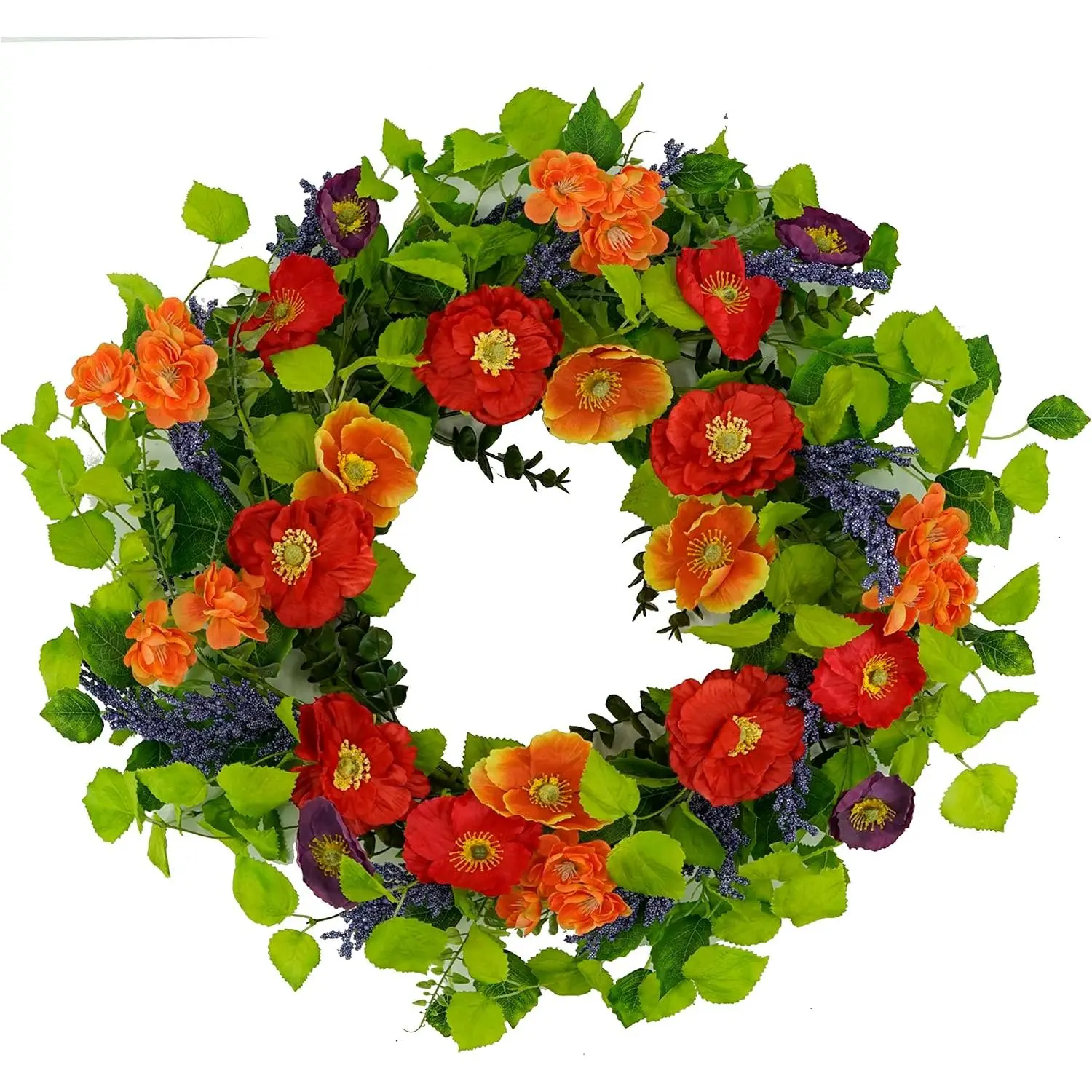 22-in Synthetic Floral Wreath with Poppy, Lavender Accents, Cherry Blossoms - Front Door, Indoor Outdoor Farmhouse Home Decor Supplies