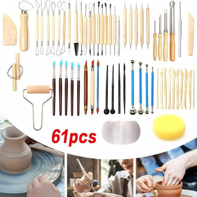 61 Pieces Pottery & Sculpting Kit with Clay Carving Knives, Texture Pens, Dotting Tools, Scrapers, Brushing Tools - Double-Sided Design DIY Craft Supplies for Artists - Home Improvement Building & Wall Decor Supplies, Cutting, Wood/Steel