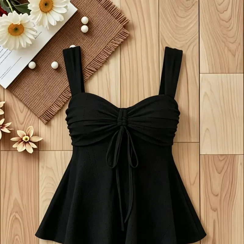 Summer Chic Casual Adjustable Drawstring Ruched Backless Top, Elegant Feminine Style, Trendy Design, Fashionable Women's Wear for Warm Weather, Backless Camisole
