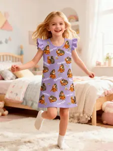 Monkey Punch Graphic Baby Monkey Holding Plush Toy Girls' Cute Punch Monkey Print Dress, Team Punch Summer Short Sleeve Sleepwear, Casual Comfortable Home Wear, Fitted Style, All Seasons