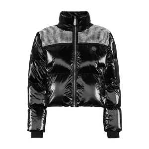 Women Crystal Embellished Glossy Nylon Puffer Jacket by Hide Crafts