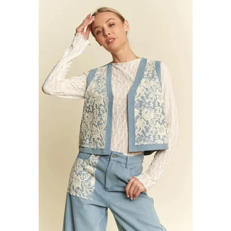 Davi & Dani Lace Patch Open Front Denim Vest