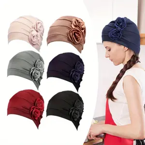 6pcs Cotton Chemo Caps for Women, Floral Turbans Beanies Headwraps, Comfortable Stretchy Hair Bonnets with Flower Accents headband soft scarf head wrap