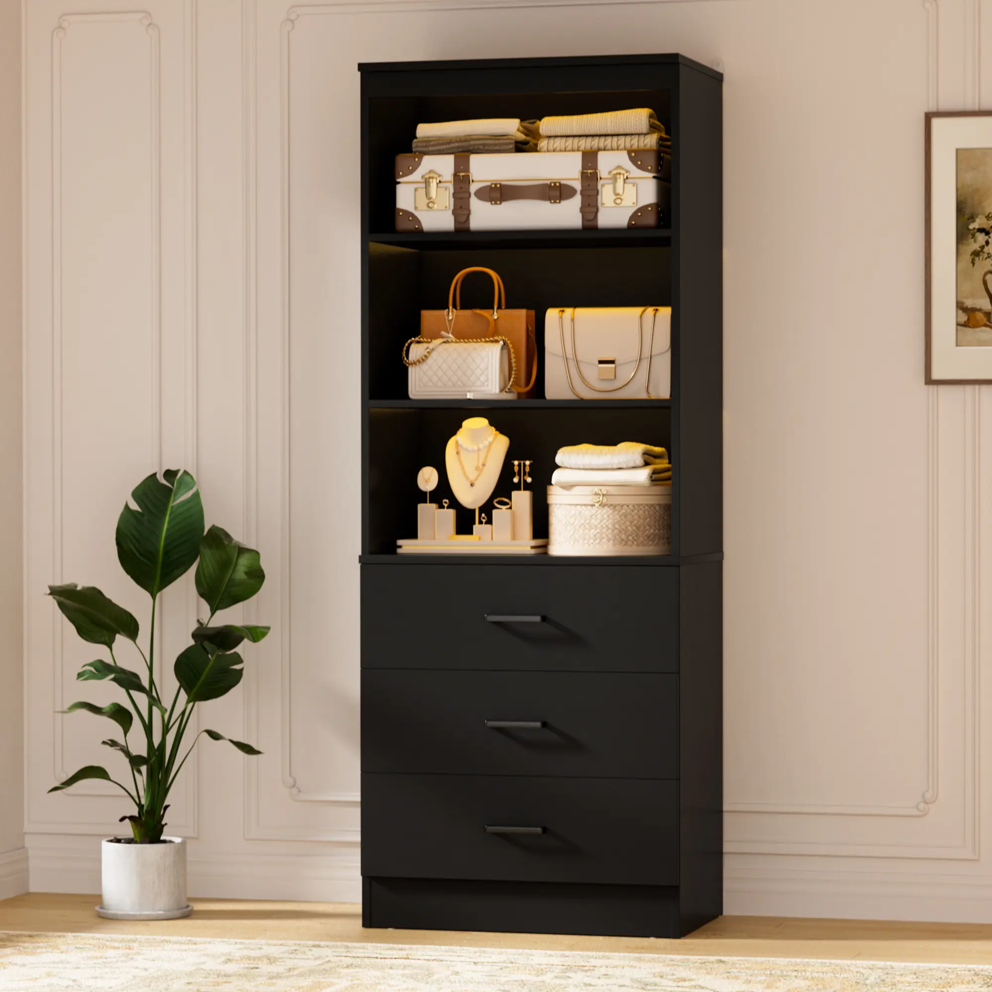 Cyclysio Stable White Oak MDF Wood Closet Rack - 71" H x 23.6" W x 13.8" D, 3 Wooden Drawers, 3-Tier Open Room Storage, 600 lbs Capacity, Assembly Required with Manual for Home Office, Bedrooms, Drawers Sliders