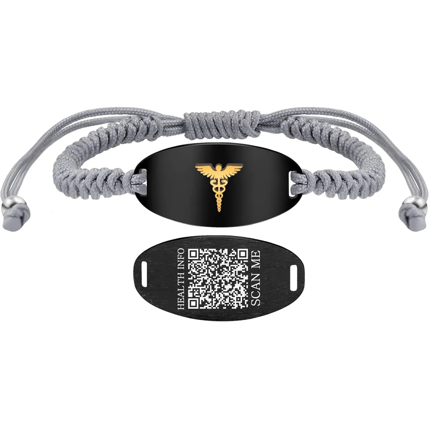 Adjustable Gray Braided Medical Alert Bracelet for Men-Women, Dynamic QR Code or Custom Engraved ID Plate, Silver-Black Stainless Steel Emergency Contact Bracelet with Golden Medical Symbol, Daily Wear Fashion Accessory