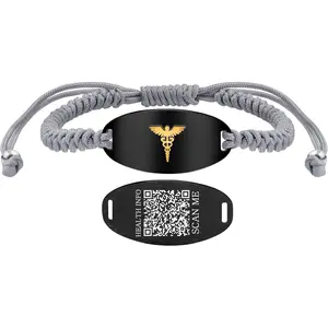 Adjustable Gray Braided Medical Alert Bracelet for Men Women, Dynamic QR Code or Custom Engraved ID Plate, Silver or Black Stainless Steel Emergency Contact Bracelet with Golden Medical Symbol
