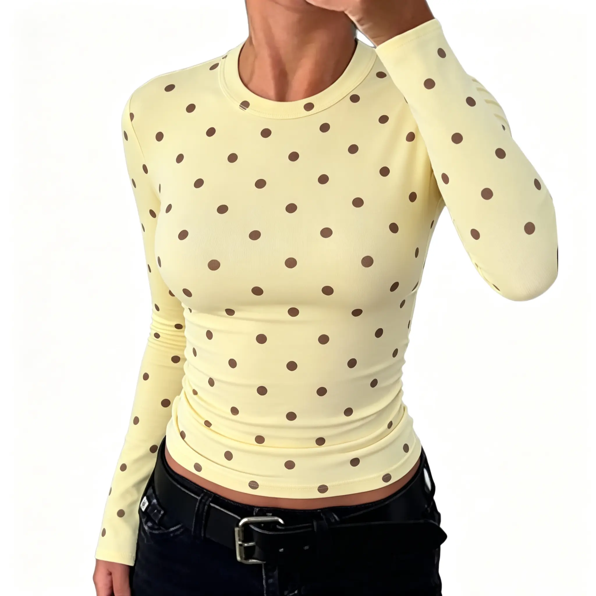 EncoLax 2026 Autumn New Basic Long Sleeve Tee for Women, Crew Neck Polka Dot Print Slimming Stretchy Casual Layering Shirts