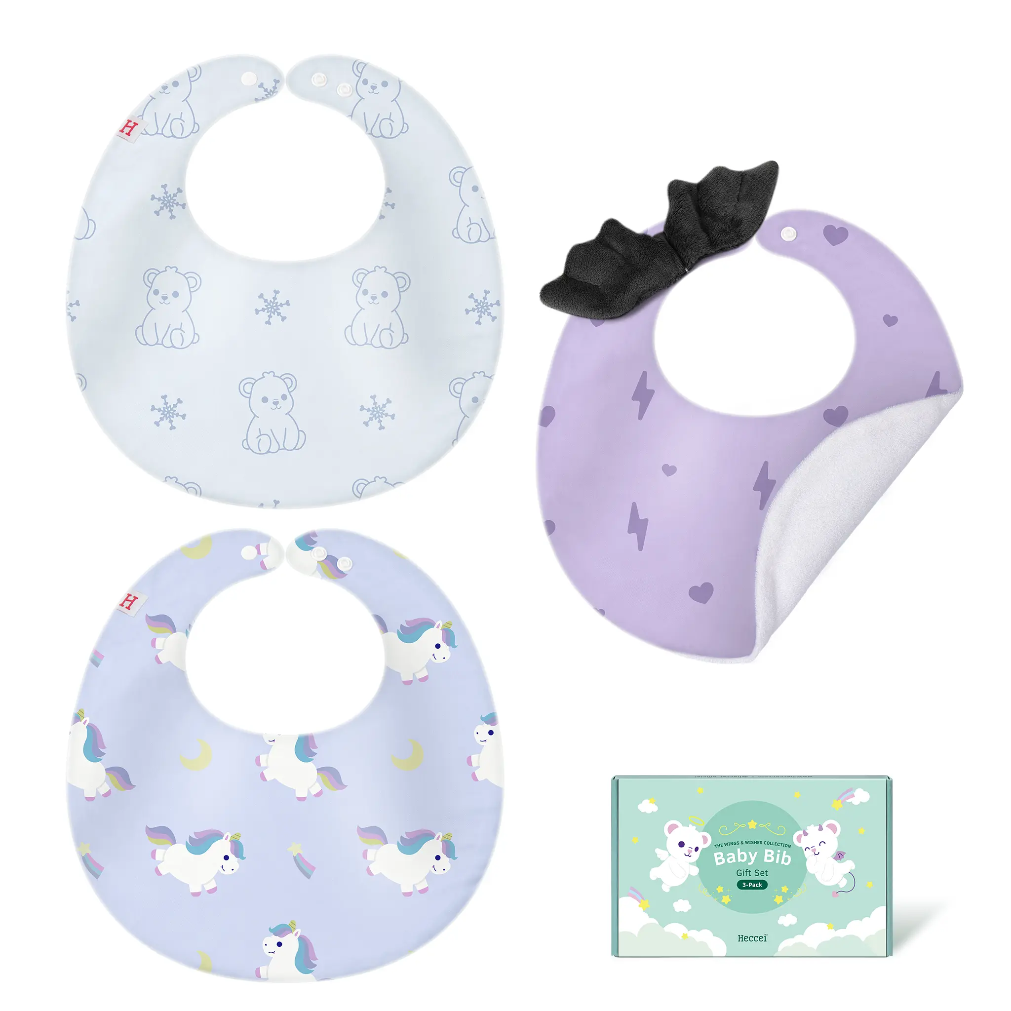 Heccei 3D Wing Baby Bib Set, Reversible Cotton Drool Bibs with Adjustable Snaps, Photo-Ready Newborn Essentials, Ideal Baby Shower Gift