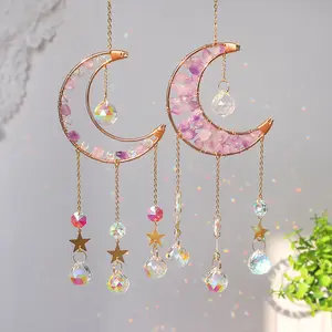 1 Pcs Crystal Sun Catcher Handmade Amethyst Moon Frame Suncatcher for Indoor Outdoor Decor Dreamy Light Shadow Effect Rainbow Maker Bless Gift