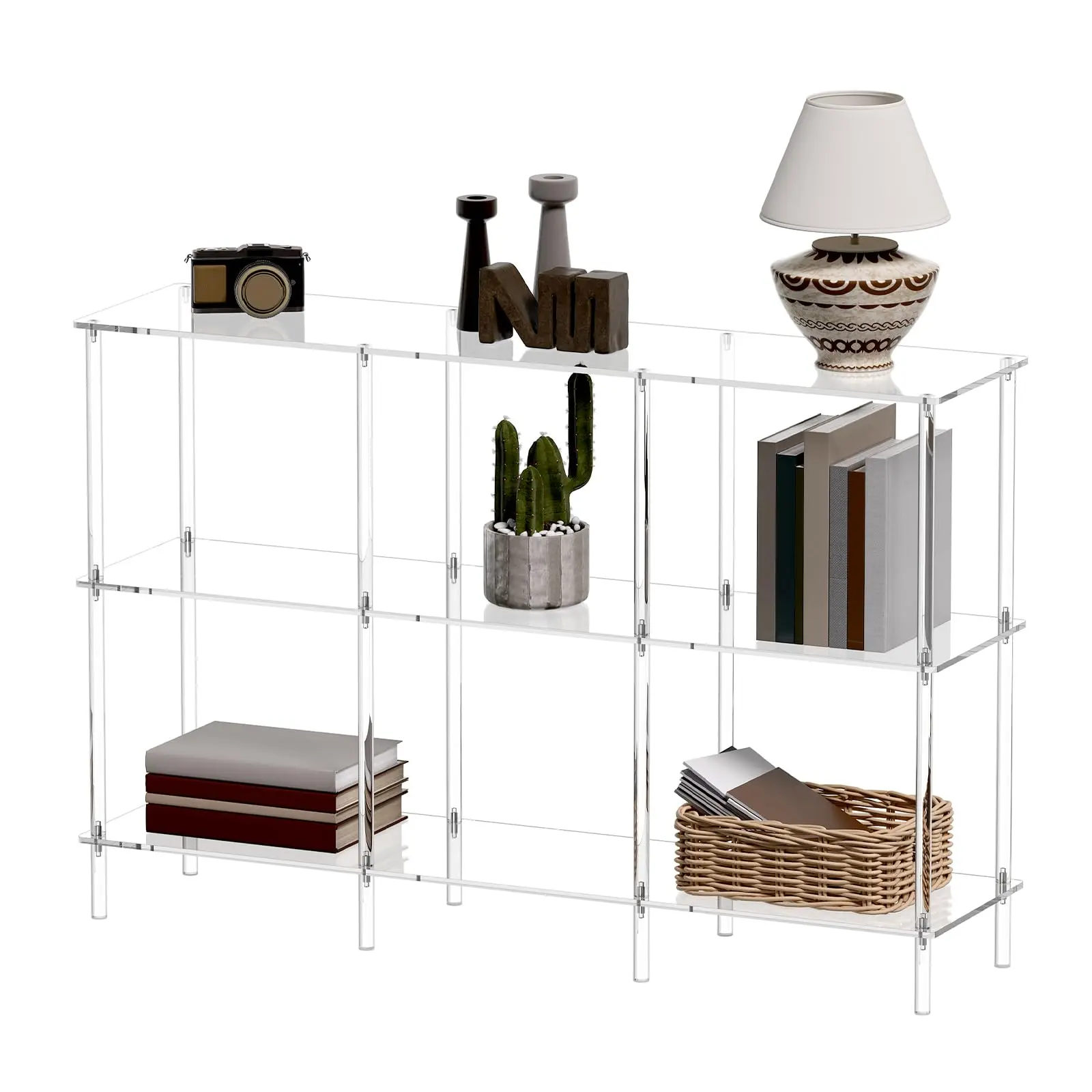 Acrylic Horizontal Bookshelf, 11.8" D x 47.2" W x 31" H, 3-Tier Clear Low Book Shelf with Large Storage, Multipurpose Bookcase for Living Room, Bathroom, Office, Easy Assembly
