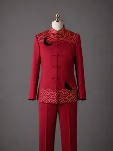 Bespoke Red Silk Tang Suit — Gold Sea Wave & Black Bird Embroidery