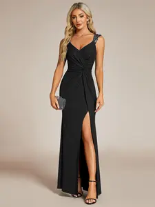 Ever-Pretty 2026 Valentine dress Spring  dress Black Glitter V-Neck High Slit Sequin Shoulder Strap Evening Dress for Women Maxi Fall  dress ,Cocktail party dresses,Formal Wear 01888 Elegance , Womenswear