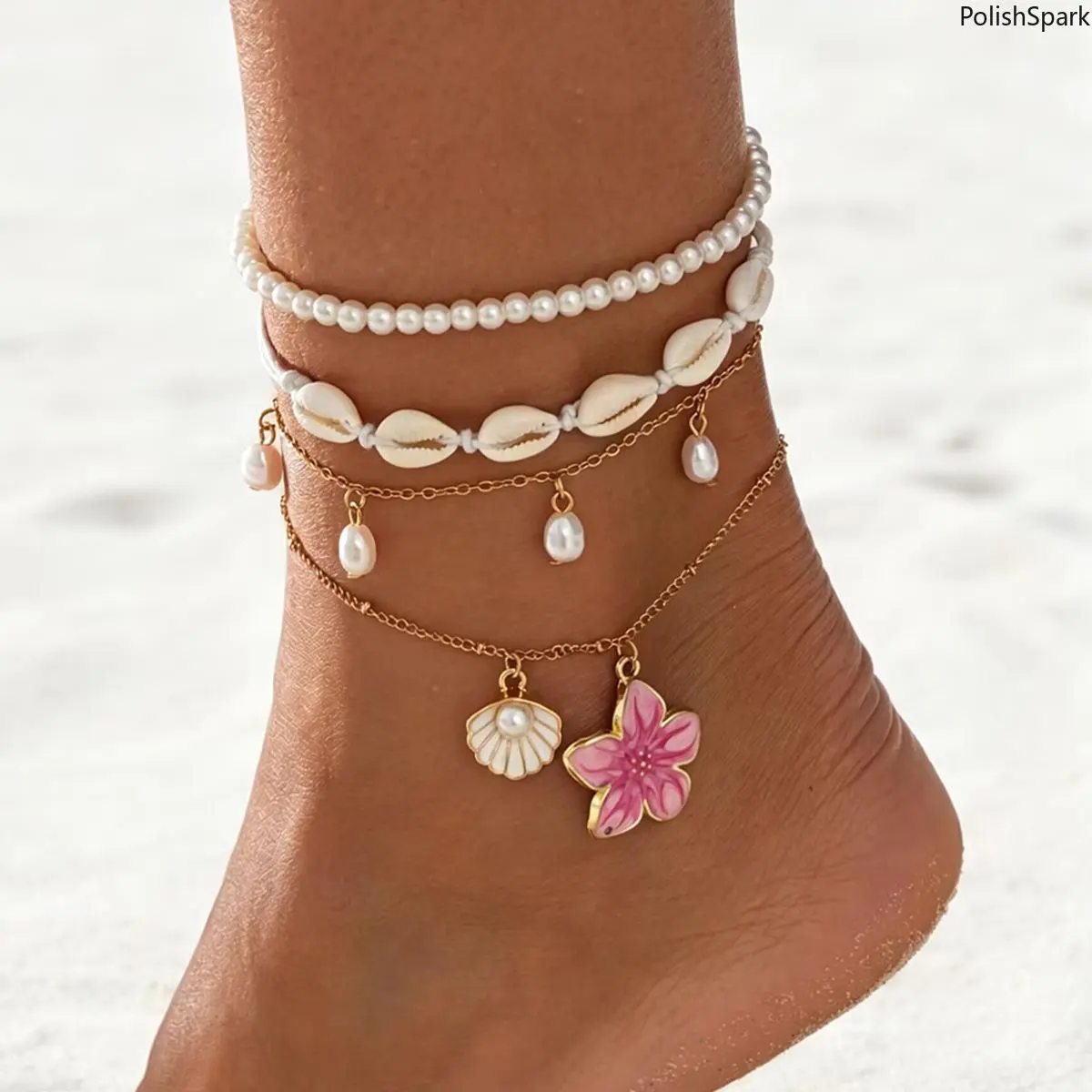 Women's 4-Pcs Boho Beach Shell Flower Layered Anklet Set, Fashion Accessory, Anklets for Women
