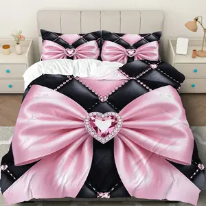 3PCS Duvet Cover Set, 1 Duvet+2 Pillowcases(Without filler), Pink Bow Heart Diamond Elegant Glamorous theme, Valentine's bedding set, Luxury Decorative Suitable for decoration Bedroom, Hotel, Guest Room, Modern Apartment.