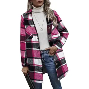 Womens Flannel Plaid Shacket Jacket Casual Lapel Button Down Tartan Trench Coat Long Sleeve Shirts with Pockets