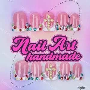 Delicatething Y2K Style Nail Set, Decorative Nails, Nail Art Supplies, Nail Art Handmade Press On Square Nails with Crosses, Gems, French Design, XS-S-M-L Sizes, Perfect Gift for Girls, Square Shape