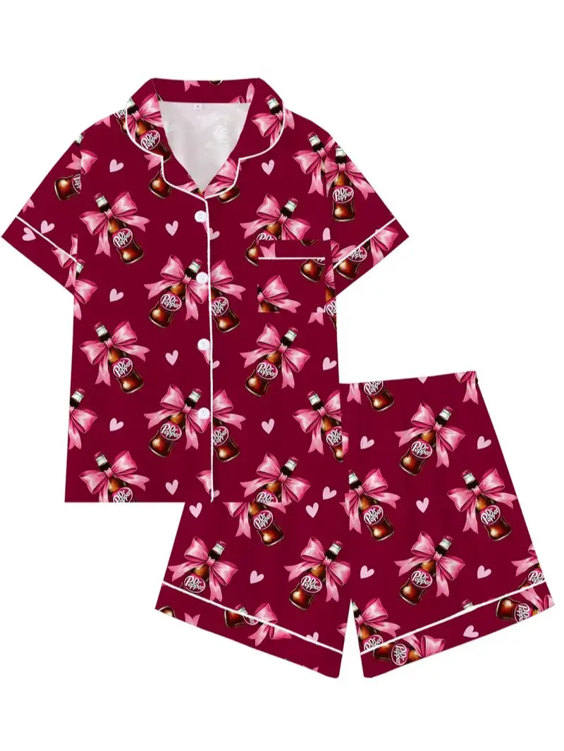 Soda Girly Aesthetic Graphic Pajama Set | Cute Cherry Red Sleepwear with Heart Print | Y2K Novelty Short Sleeve Button Down Lounge Outfit Loungewear | Aesthetic 2-Piece Summer PJs | Fun Sleepover Nightwear Gift for Women Pyjamas Homewear