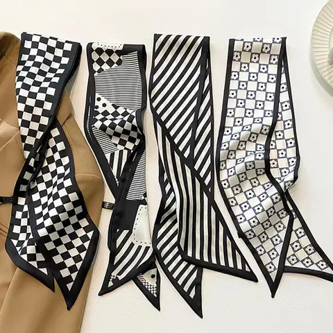 4pcs Set Black & White Silk Scarf, And Floral Pattern Headband, Versatile For Daily Life, Vacation, School And Other Occasions, Autumn/Winter Headwear, Women Headscarf, Soft Headband, Women Scarf Fashion Hair Accessories Hair Scarves