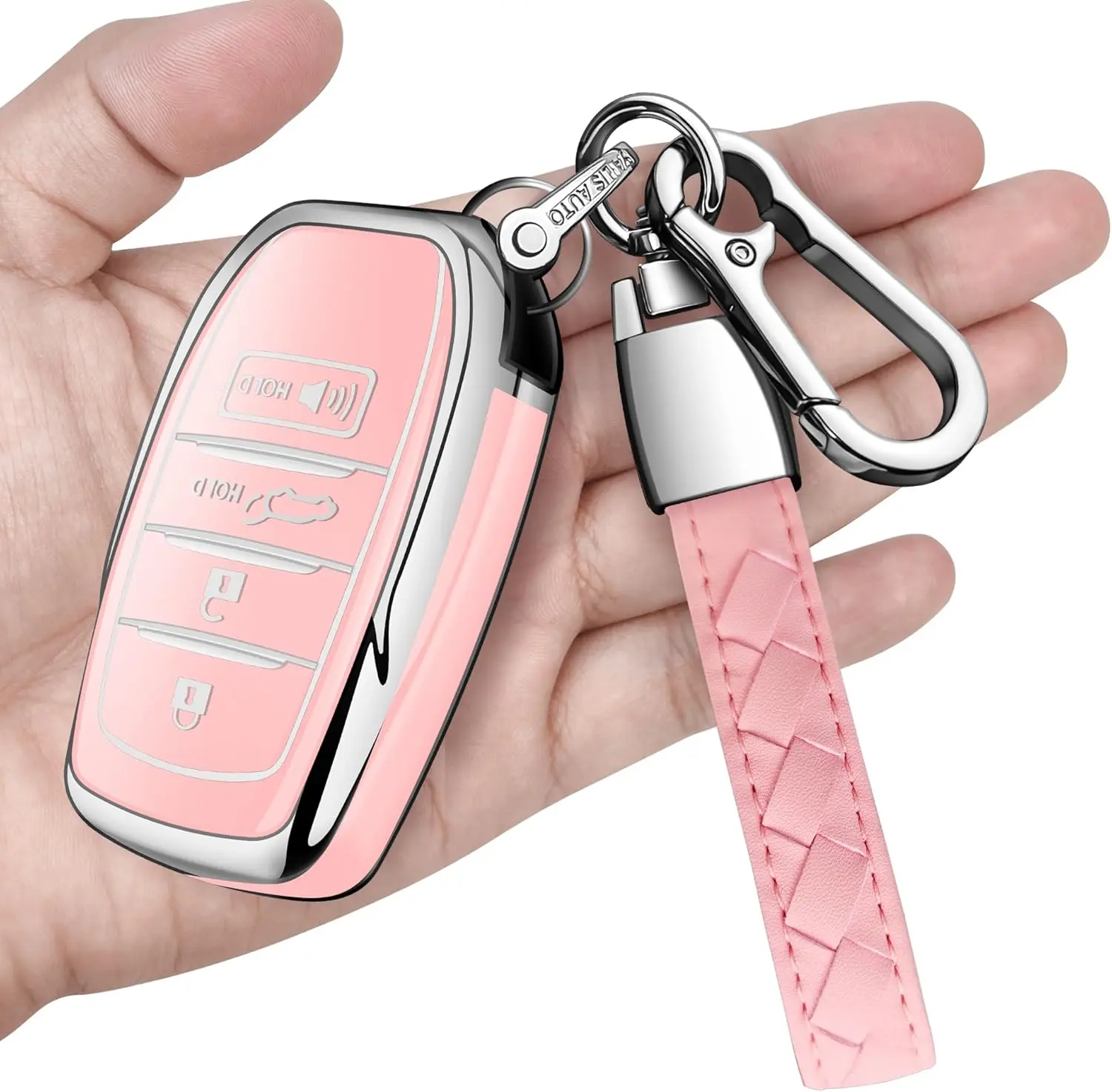 for  Key Fob Cover with Metal Keychain & Leather Strap for 2025-2026 Camry 4 Runner 2019-2026 Venza, Land Cruiser,2023-2026  Grand Highlander,Corolla,bZ4X,4-5 Buttons(Chalk Pink)