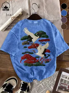 Unisex Oversized Retro Vintage Washed Crane Embroidery T-Shirt, Ukiyo-E Style Pine Tree Print Top, Essential Casual Wear for Cultural Fashion