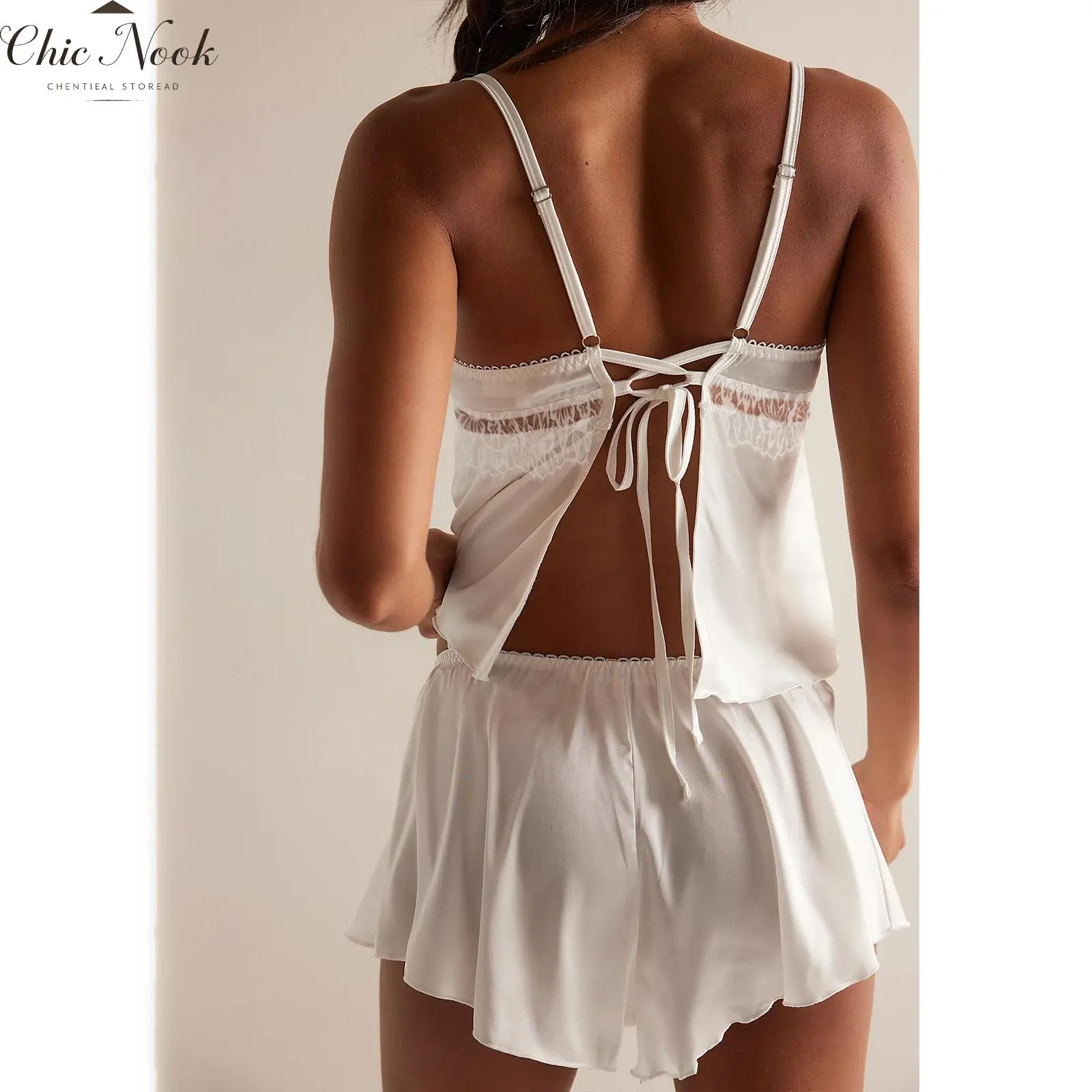 Silk Pajamas Set for Women 2 Piece Lace Sleepwear Sexy Lingerie Cami Top  Shorts PJ Set Nightwear