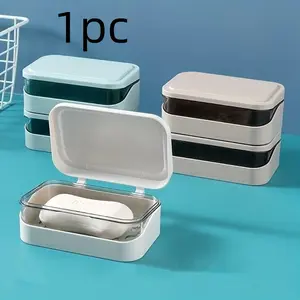 1pc Plastic Rectangle Soap Box, Soap Container With Lid, Portable Soap Case, Soap Holder With Cover, Drain Soap Dishes For Bathroom, Bathroom Accessories, Bathroom Supplies