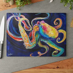 Kitchen Printed Rainbow Octopus Painting Glass Chopping Board - Decorative Hot Plate for Knives & Dishes, 11x15in or 8x11in