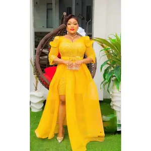 Standout Yellow Embellished Ruffle Sleeve Overskirt Dress for Holiday Christmas Draped Gown Mother of The Bride Photoshoot Birthday Dinner Cocktail Party Gala Anniversary Engagement Ceremony