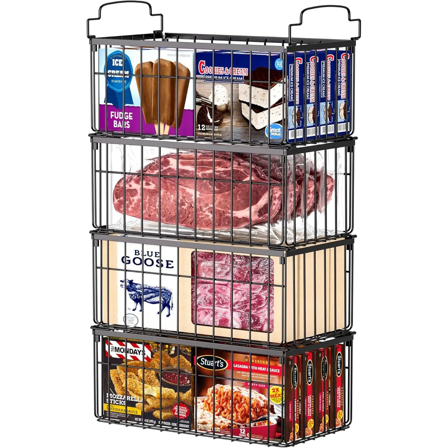 Freezer Organizer Bins, 4 Pack Stackable Deep Chest Freezer Organizer Bins, Foldable Baskets with Handles, Black Storage Container Baskets for 5/ 7 Cu.FT Deep Freezer Sort Frozen Meats