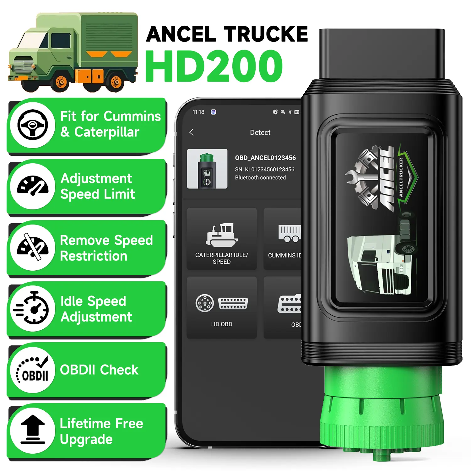 ANCEL HD200 Bluetooth Heavy Duty Truck Scanner Diesel Diagnostic Tool All System HDOBD & OBD2 Code Reader with Speed Limit Reset for Cummins &Caterpillar, Lifetime Free Updates