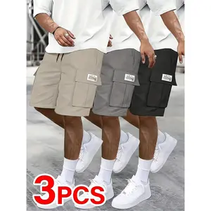 3-Piece Men's Shorts Set - Brown Black & Green Slanted Pockets Versatile Casual Wear Bottoms for Everyday Use Menswear Overalls shorts men SpringStatements Pocket  Khaki Trousers Suitable For Daily Outfit mens summer essential bop Breathable Drawstring
