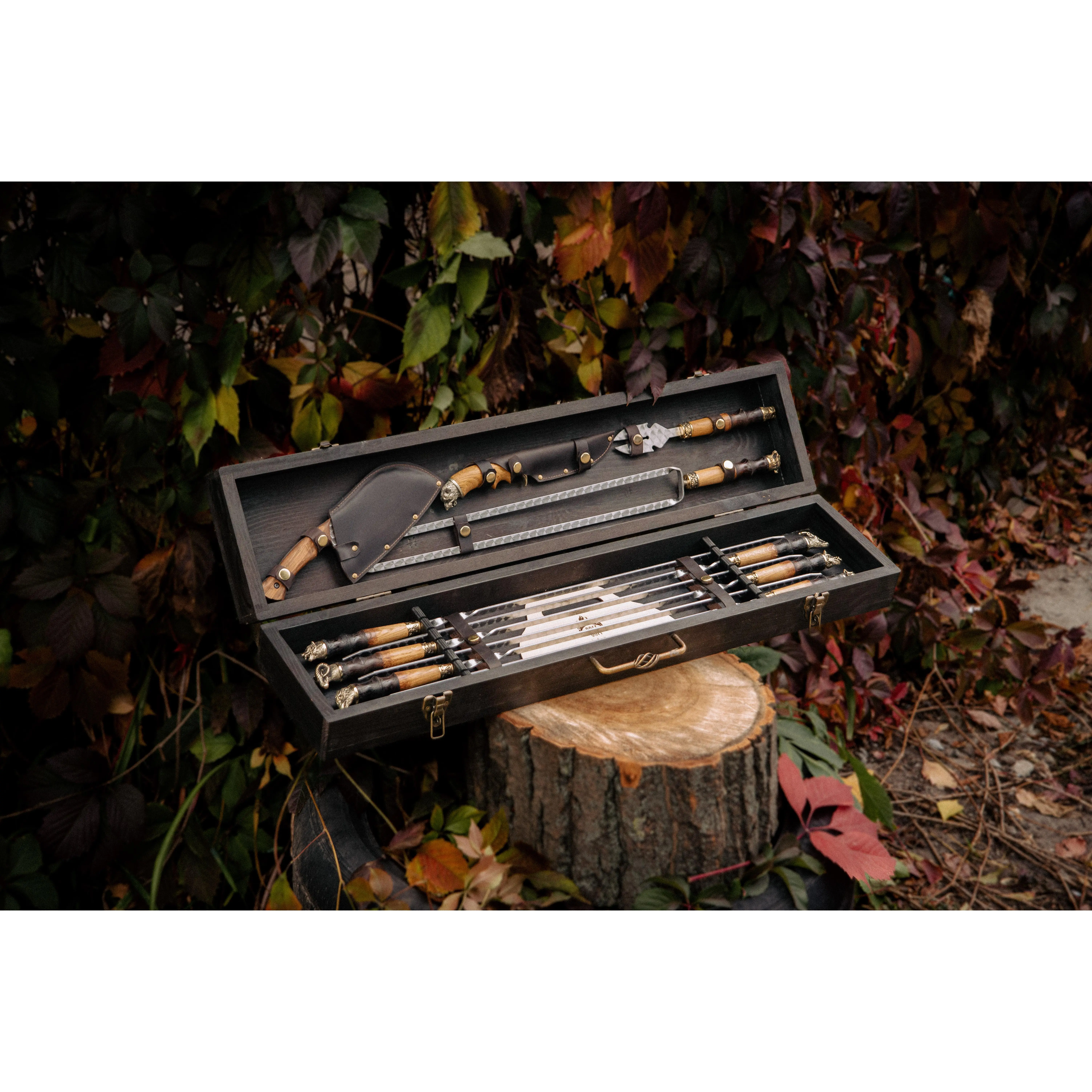 Handmade Bronze BBQ Fork Utensils Set - Handcrafted Stainless Steel Skewers with Meat-Friendly Handles, Oil-Resistant Design, Bright Wooden Storage Case