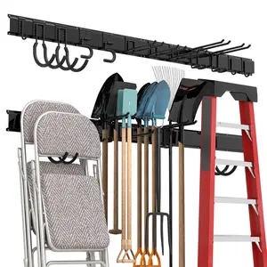 Sttoraboks Garage Tool Storage Rack, Heavy Duty Garage Storage Organizer Rack System Wall Mounted Tool with 12 double hooks, 4 rails Garden Tool Rack