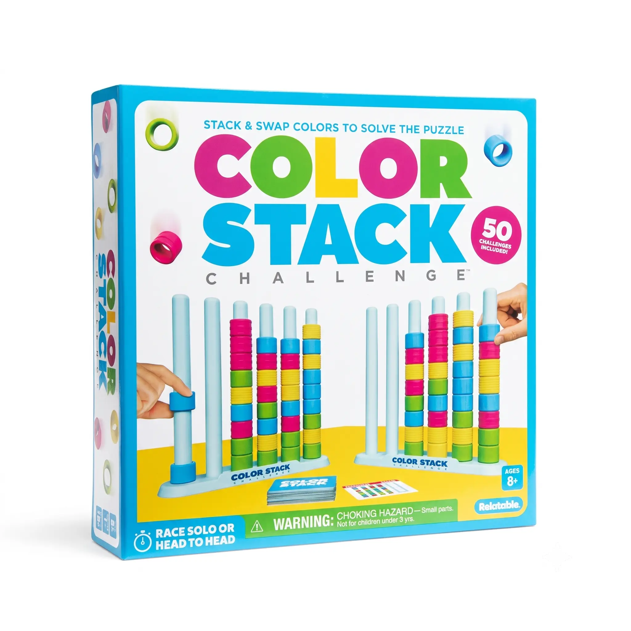 Color Stack Challenge Puzzle Board Game for Kids & Adults, Fast-Paced Color Sorting Matching Toy, 2 Player Battle Family Game Night Set with 80 Color Rings & 50 Challenge Cards, STEM Educational Gift