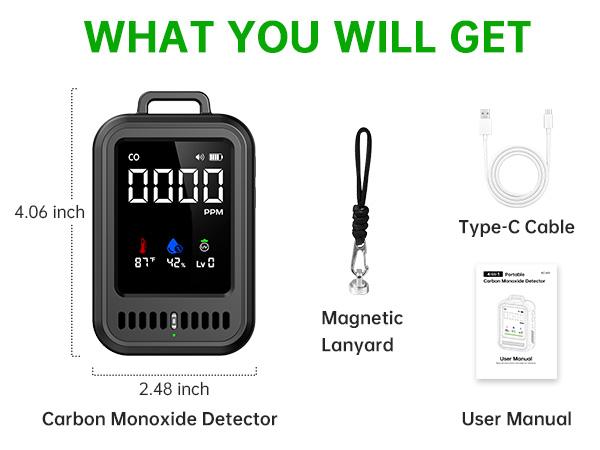 4-in-1 Portable Carbon Monoxide Detector, Audible & Visual Alerts, Magnetic Lanyard, LED Light, 220H Standby, Black