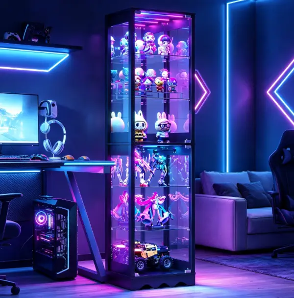 FREDEES DIY Assembly 6-Tier Lockable Tempered Glass Curio Display Cabinet with RGB Lights and Adjustable Shelves, Storage Case for Collectible & Model Collection