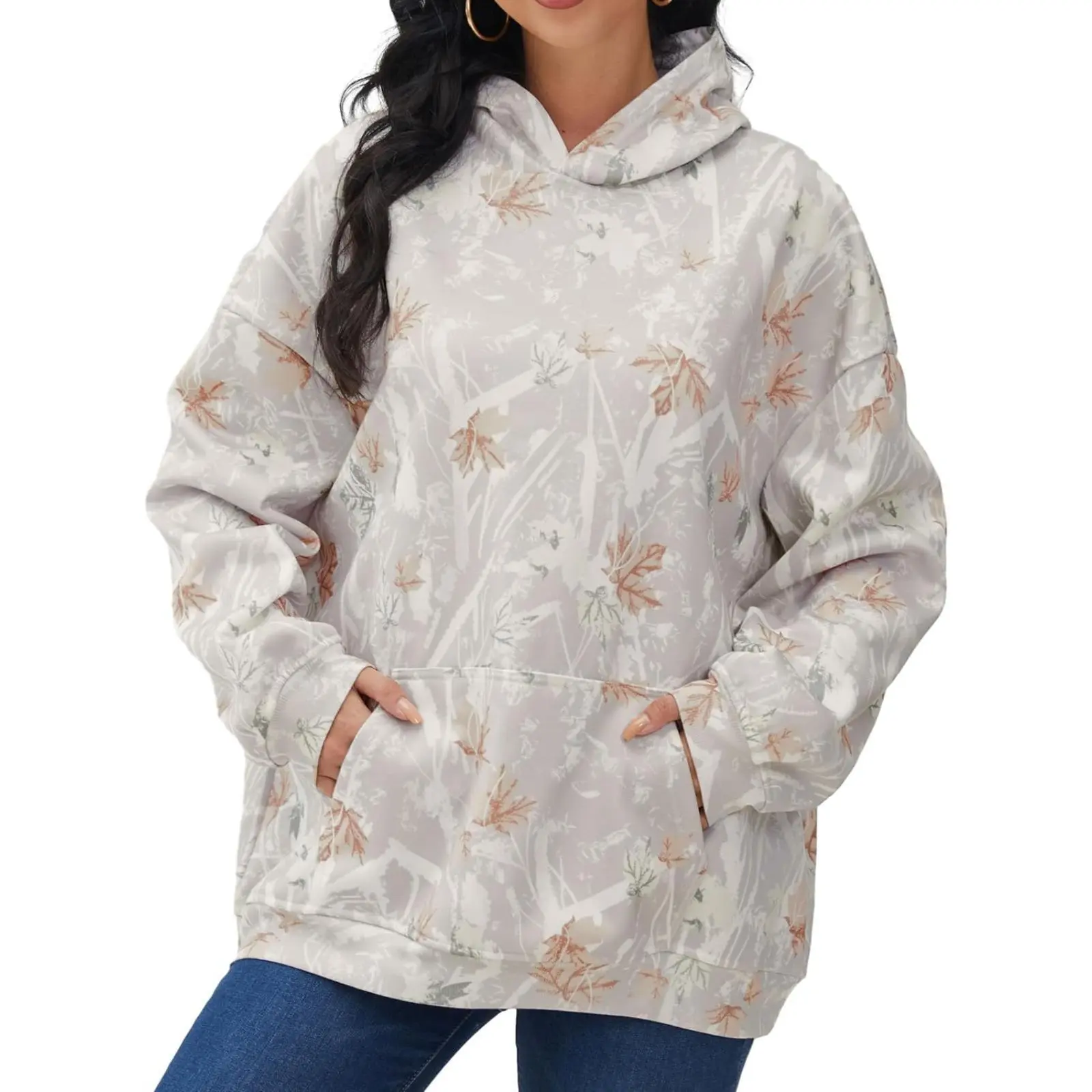 Women's Hooded Sweatshirt, Casual Oversized Pullover with Camo Maple Leaf Print and Pocket, Comfortable Long Sleeve Fleece Fabric for Outdoor Day Wear