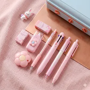 Cute School Supplies: 7-Piece Adorable Pink Stationery Set — Includes Ballpoint Pen, Pencil Sharpener, Highlighter, Correction Tape, Ruler, and Utility Knife (Pink)，study supplies kit,pastel aesthetic school set